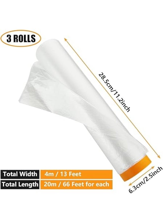 erorex Plastic Dust Sheets, 3 Rolls 4m x 20m Plastic Drop Cloth, Waterproof Pre Taped Masking Film, Large Carpet Protection Film, Suitable for Decoration or Automotive Painting Covering - Image 3