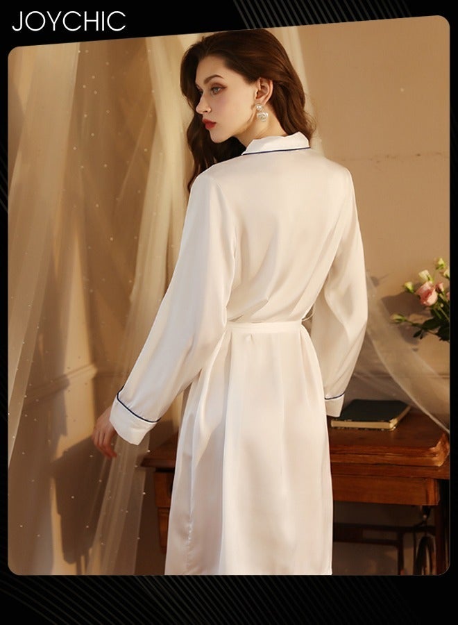 Joychic بيجامة نسائية بسيطة لفصلي الربيع والخريف بتصميم شريط التفاف، فستان نوم طويل من الساتان ناعم وسلس مع حزام باللون الأبيض - Image 3