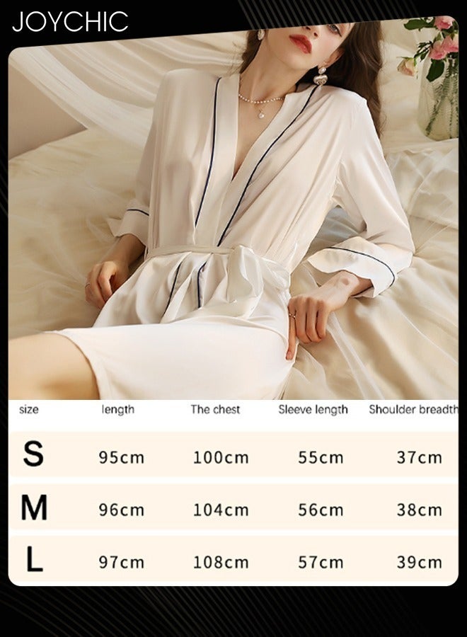Joychic بيجامة نسائية بسيطة لفصلي الربيع والخريف بتصميم شريط التفاف، فستان نوم طويل من الساتان ناعم وسلس مع حزام باللون الأبيض - Image 4