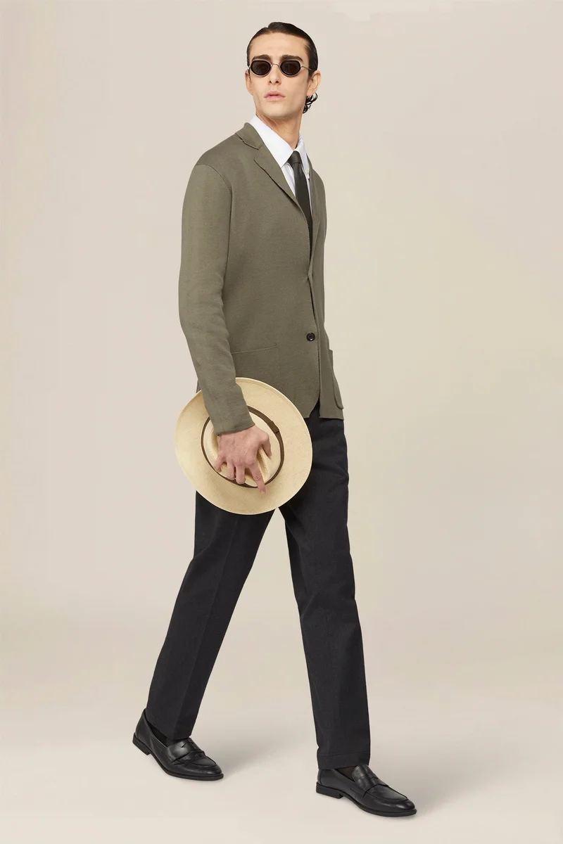 دوبل غانغر Men's single-breasted cardigan in 100% cotton Milano knit - Olive Green