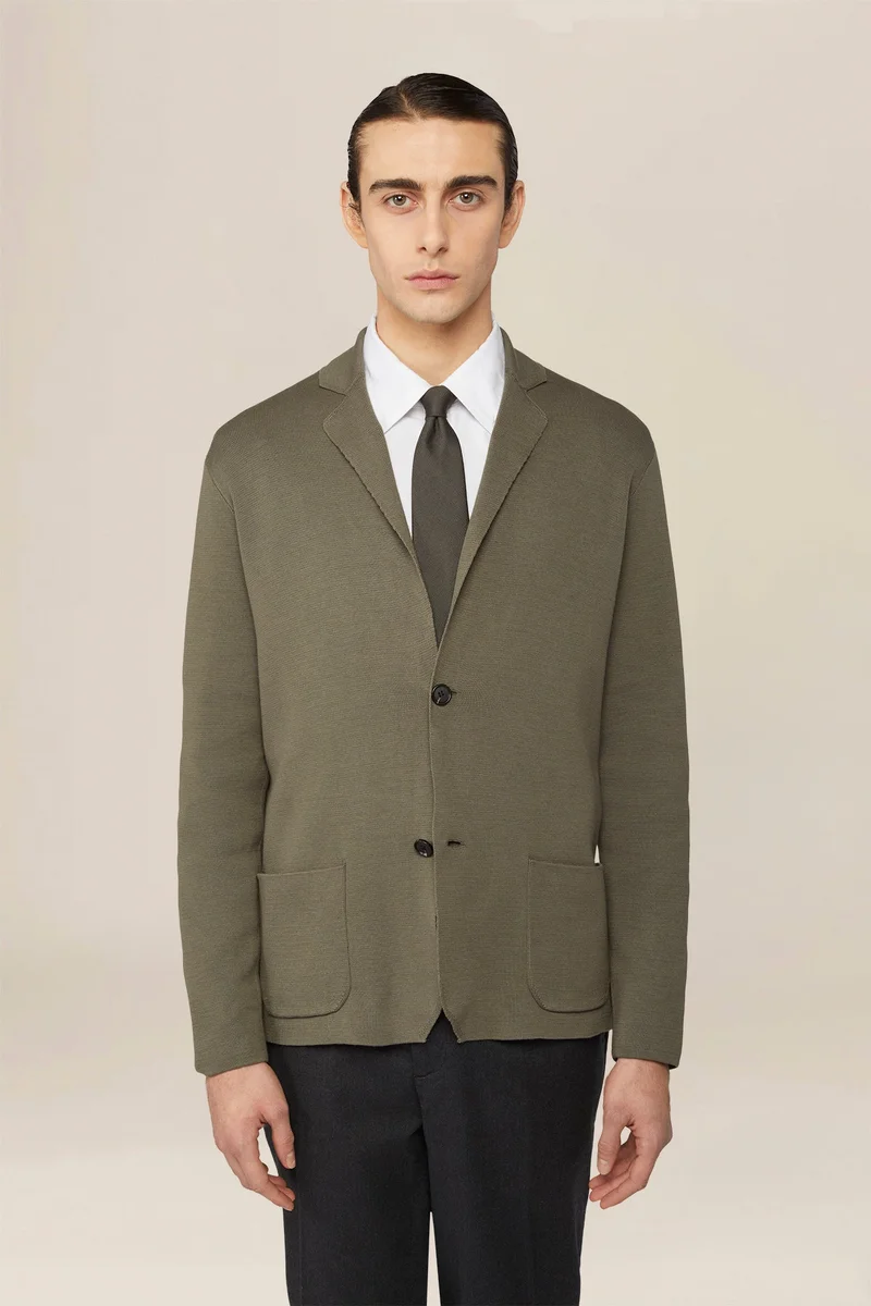 دوبل غانغر Men's single-breasted cardigan in 100% cotton Milano knit - Olive Green