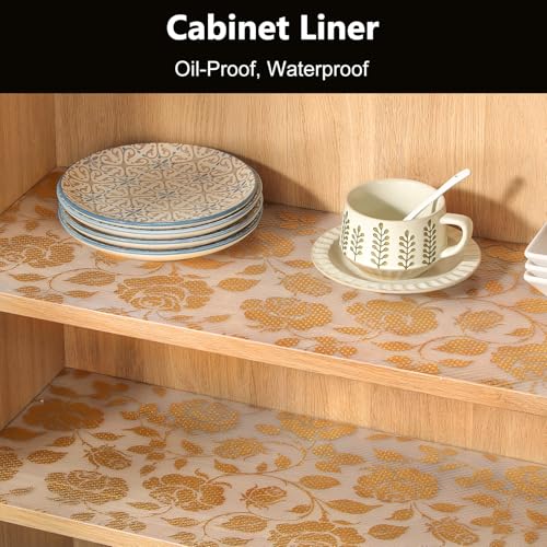 INNOLITES Shelf Liner for Cabinets, Non-Adhesive for Kitchen Drawer Liner, Waterproof Shelf Paper with Floral Pattern, Durable Easy to Clean (Golden Rose, 11.8" x 360") - Image 2