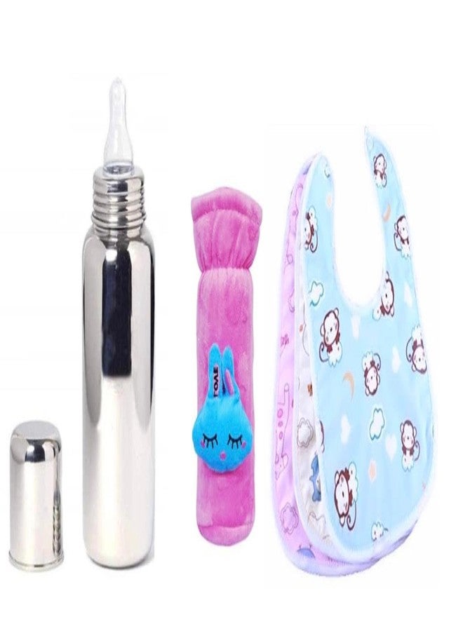 KIDS BASIC Stainless Steel Baby Feeding Bottle 240 ML with Velvet Bottle Cover and 3 Pcs of Button Bibs (3, Pink) - Image 1