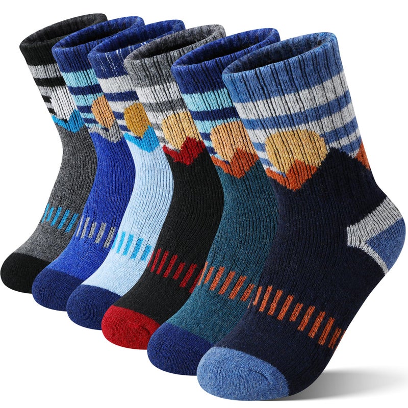 Sandsuced Kids Boys Toddlers Merino Wool Hiking Socks Thermal Warm Winter Cozy Crew Outdoor Socks 6 Pairs Gift Stocking Stuffers(Sun Series,8-12 Years) - Image 1