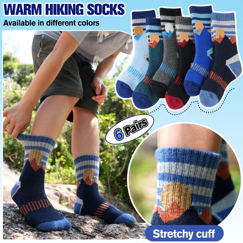 Sandsuced Kids Boys Toddlers Merino Wool Hiking Socks Thermal Warm Winter Cozy Crew Outdoor Socks 6 Pairs Gift Stocking Stuffers(Sun Series,8-12 Years) - Image 5
