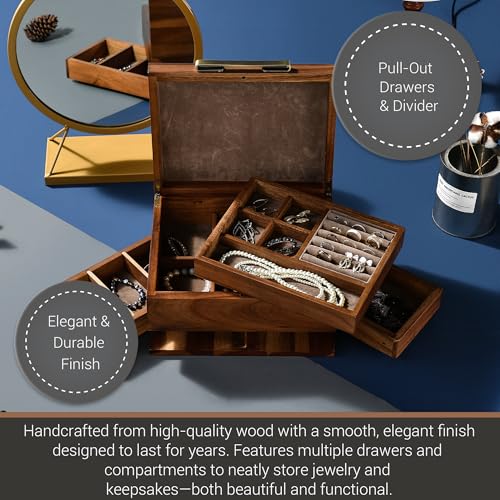 Shanik Wooden Jewelry Box for Women – Elegant Organizer with Ring Cushions, Pull-Out Drawers & Necklace/Earring Storage, Compact Gift for Jewelry Lovers - Image 2