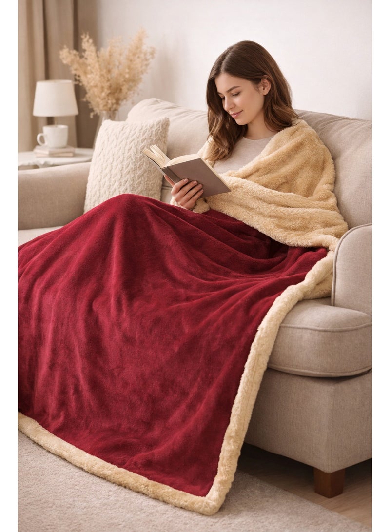 Hours Luxury Winter Double Faux Fur Blanket – Thick, Warm, Soft, Double-Sided Blanket (Faux Fur + Velvet) – Winter Double Bed Blanket – Burgundy and Beige - Image 1