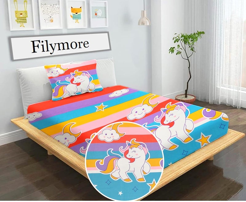 Filymore Unicorn Single Bedsheet for Kids 240 TC Cute Cartoon Design for Girls Room Single Bedspread Made with Pure Microfiber Size 60 X 90 Inches 1 Bedsheet with Pillow Cover ColorMulticolour - Image 1