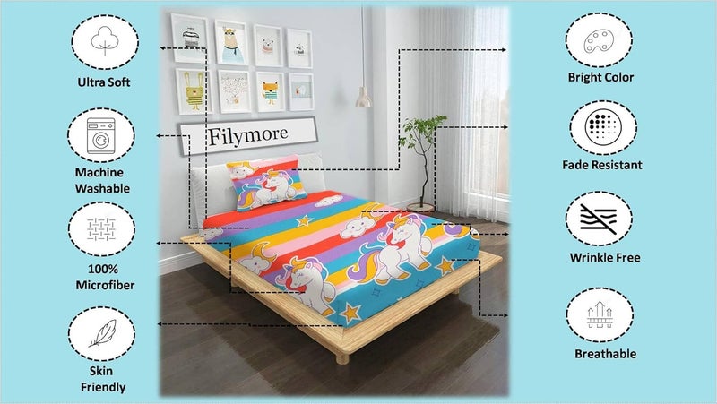 Filymore Unicorn Single Bedsheet for Kids 240 TC Cute Cartoon Design for Girls Room Single Bedspread Made with Pure Microfiber Size 60 X 90 Inches 1 Bedsheet with Pillow Cover ColorMulticolour - Image 2