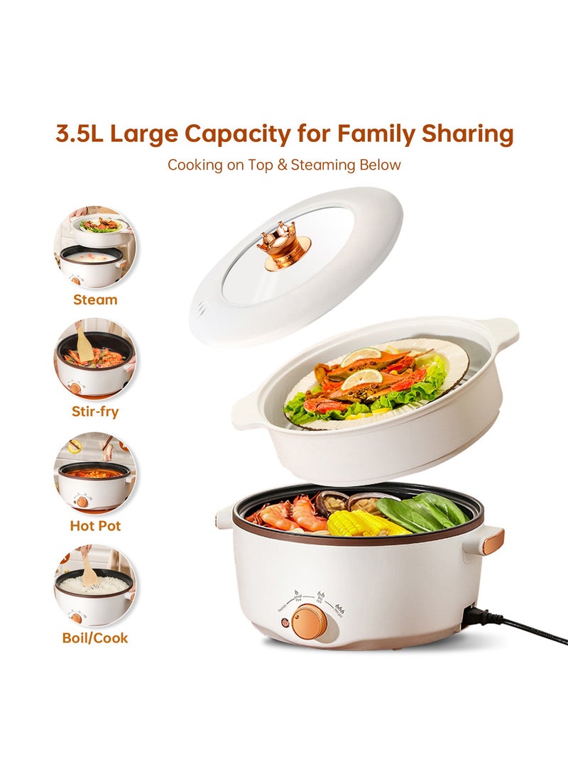 Perfin - Electric Hot Pot 3.5L Non-Stick Electric Cooker with Steamer, 3 Levels Fires Adjustable Electric Skillet, Frying Pan, Shabu Shabu, Electric Pot for Noodles, Egg, Sterak, Sauté, Dorm Office Family - Image 1
