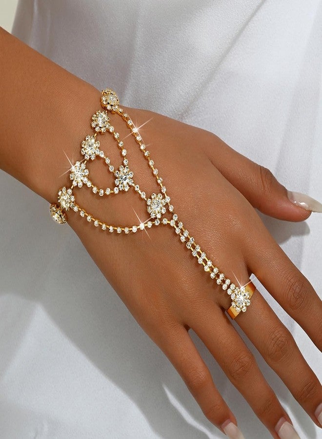 MarveBard Rhinestone Flower Hand Chain Bracelet for Women Sparkling Crystal Bridal Wedding Hand Chain Ring Bracelet Elegant Cubic Zirconia Tassel Wrist Bracelets Bridal Wedding Bridesmaids Party Jewelry (Gold) - Image 3