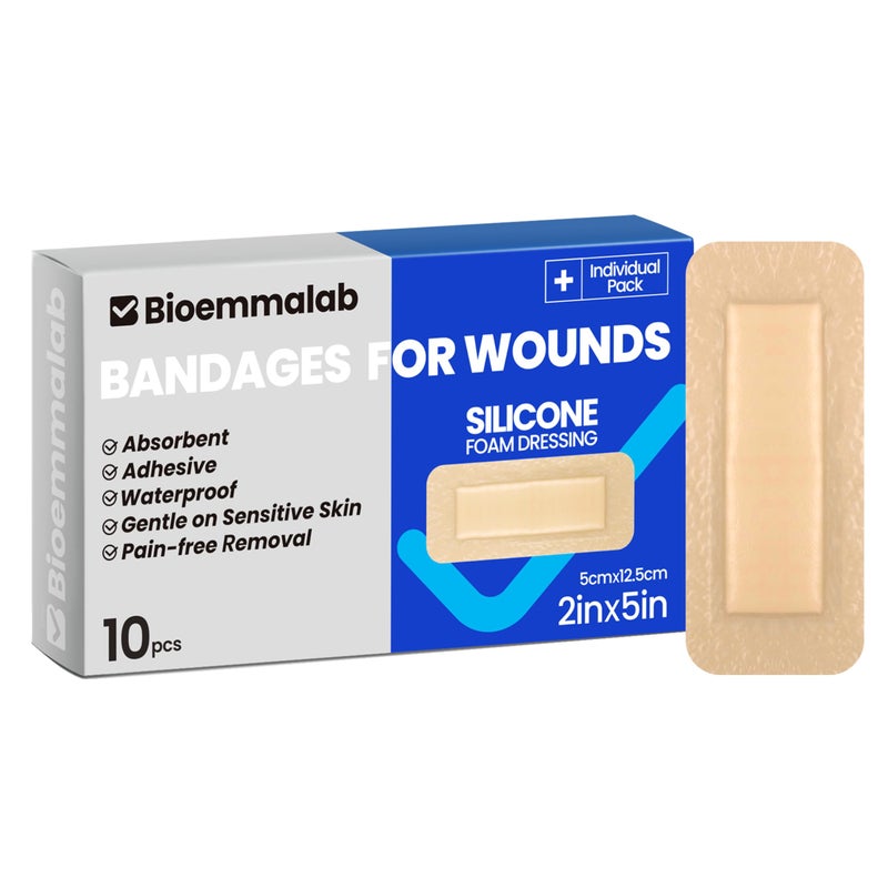 Bioemmalab Large Waterproof Bandages 2"X5" Silicone Foam Dressing for Sensitive Skin Wound Care, 10 PCS, Adhesive Cohesive Pad with Border for First Aid, Post Surgical and Trauma Care, Sore, Burn, Pressure - Image 1