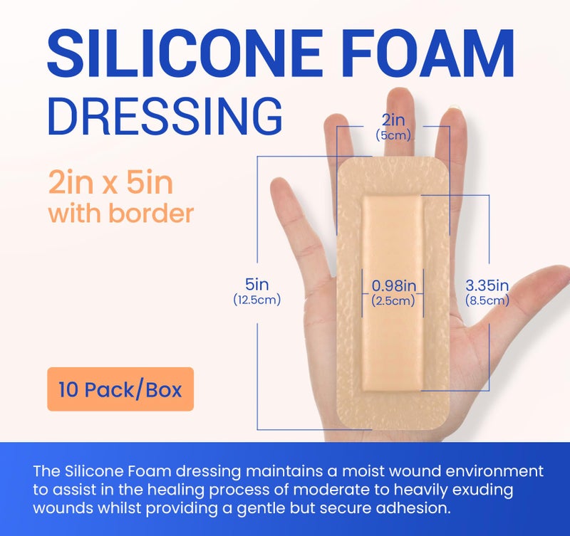 Bioemmalab Large Waterproof Bandages 2"X5" Silicone Foam Dressing for Sensitive Skin Wound Care, 10 PCS, Adhesive Cohesive Pad with Border for First Aid, Post Surgical and Trauma Care, Sore, Burn, Pressure - Image 2