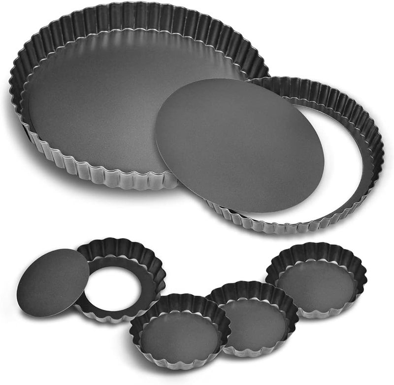 TORASO 11Inch, 9 Inch and 4 Inch Tart Pan with Removable Bottom, 2 Pcs Large Size Quiche Pan and 4 Pcs Small Size Pie Pan, Non-Stick Baking Pan (Set of 6) - Image 1