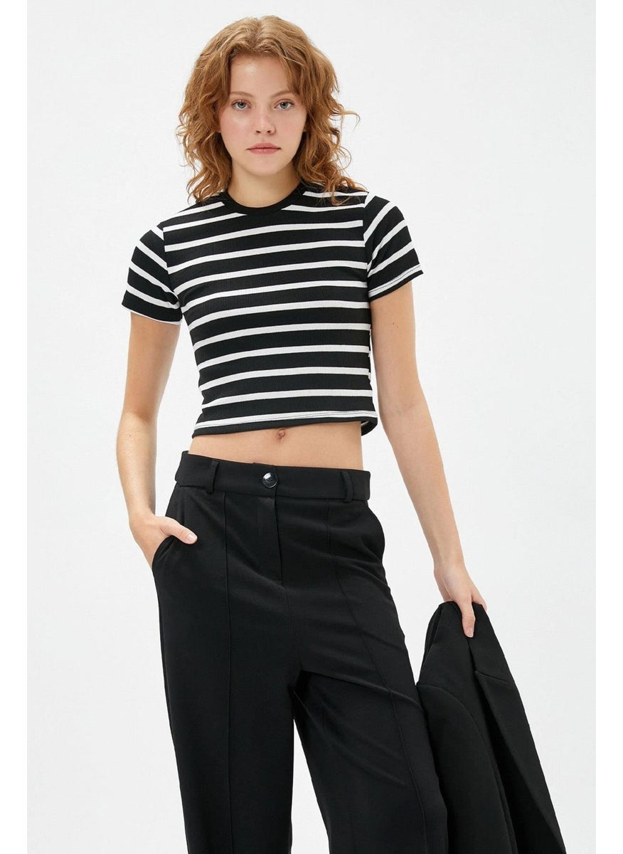 Tena Women's Black-White Crew Neck Striped Short Sleeve Full Lycra Ribbed T-Shirt  - Image 1