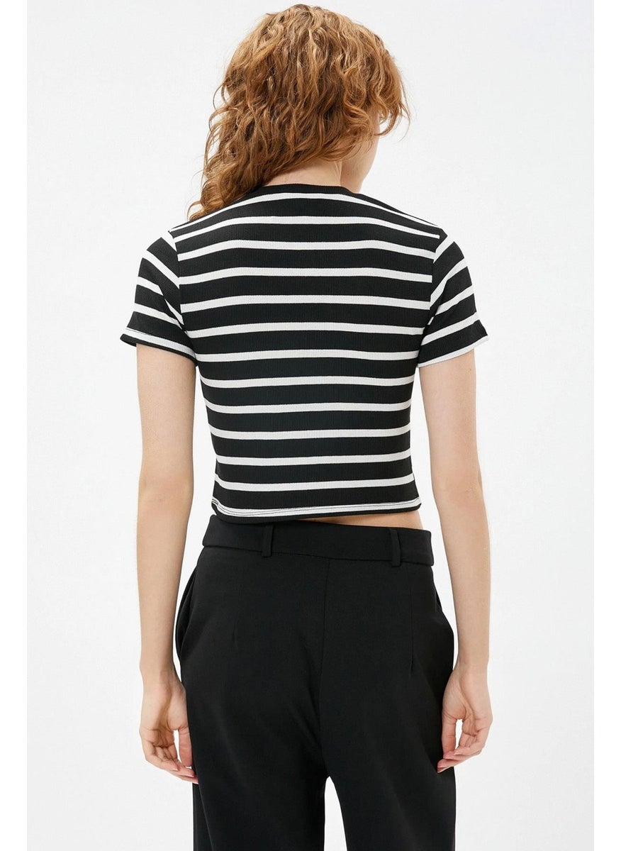Tena Women's Black-White Crew Neck Striped Short Sleeve Full Lycra Ribbed T-Shirt  - Image 4