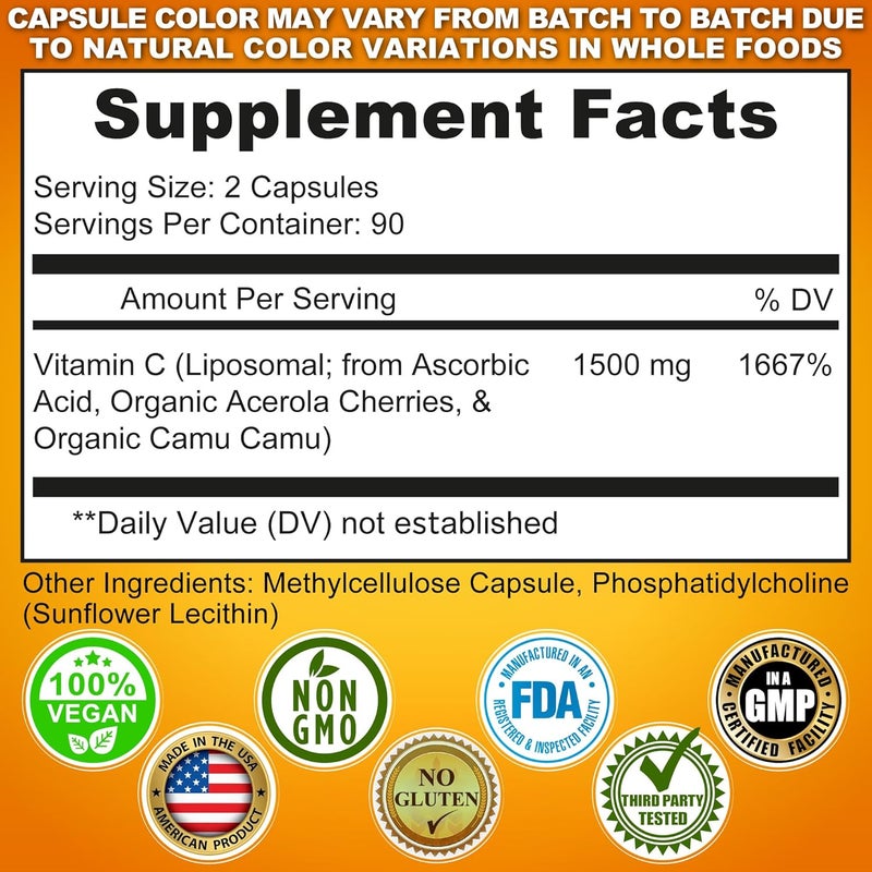 Supplements Studio كبسولات فيتامين سي الليبوسومي 1500 ملغ مصنوعة من كرز الأسيrola العضوي كامو كامو فيتامين سي عالي الفعالية مكمل دعم المناعة امتصاص معزز التوافر البيولوجي 180 حبة - Image 2