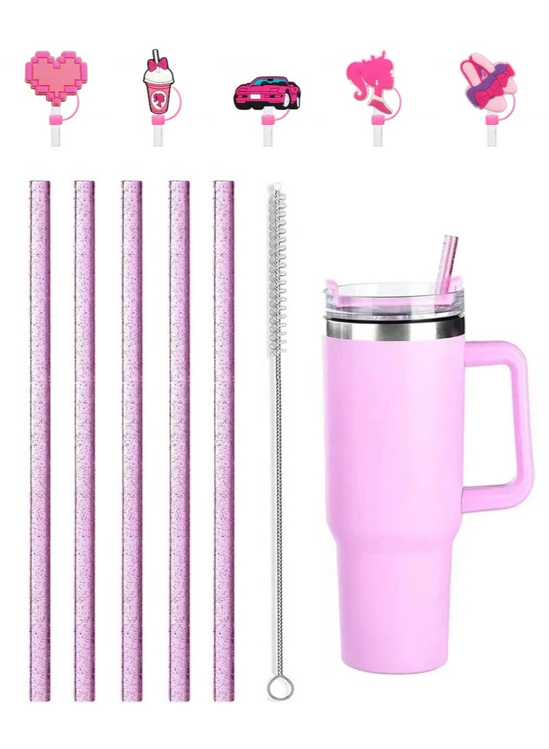 UrbanNest 11 Pcs Replacement Reusable BPA-Free Straws, Cleaning Brush, Straw Covers Toppers Caps Pack, Accessories for Stanley Cup 40oz 30oz and 10mm Straws, Pink - Image 1