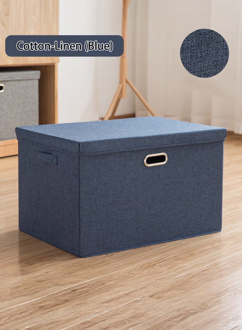 LOOPITYS Cotton Linen Folding Storage Boxes With Lids Decorate The Handle Storage Box With Lid Environmental Protection Durable Fabric Storage For Bedroom Living Room（blue，32*24*18cm） - Image 1