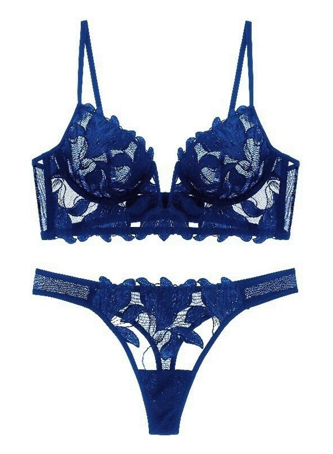 Loquat Lace Embroidered Ultra Thin Cup Bra And Panty Set Dark Blue