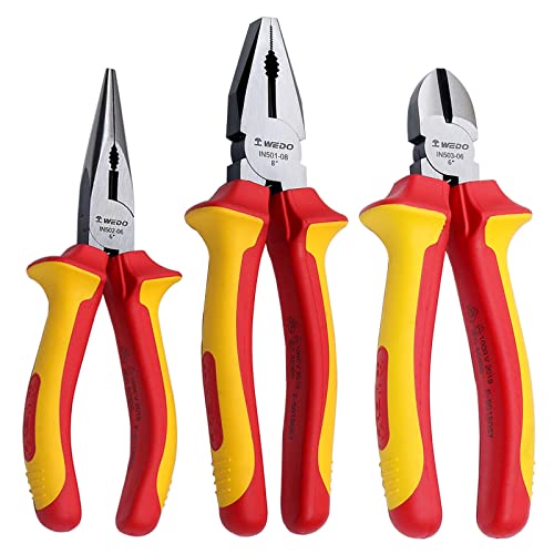 WEDO Insulated Pliers Set 3pcs VED 1000V Electrician pliers Kit Lineman Pliers 8 Long Needle Nose Pliers 6 Diagonal Cutting Pliers 6 CRV AntiSlip Handles - Image 1