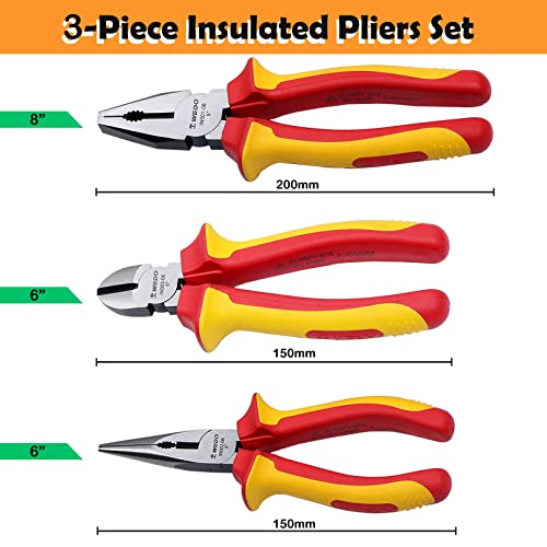 WEDO Insulated Pliers Set 3pcs VED 1000V Electrician pliers Kit Lineman Pliers 8 Long Needle Nose Pliers 6 Diagonal Cutting Pliers 6 CRV AntiSlip Handles - Image 3