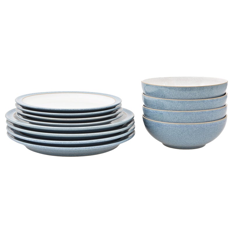 Denby  Elements Blue Dinner Set For 4  12 Piece Ceramic Tableware Set  Dishwasher Microwave Safe Crockery Set  4 x Dinner Plates 4 x Medium Plates 4 x Cereal Bowls