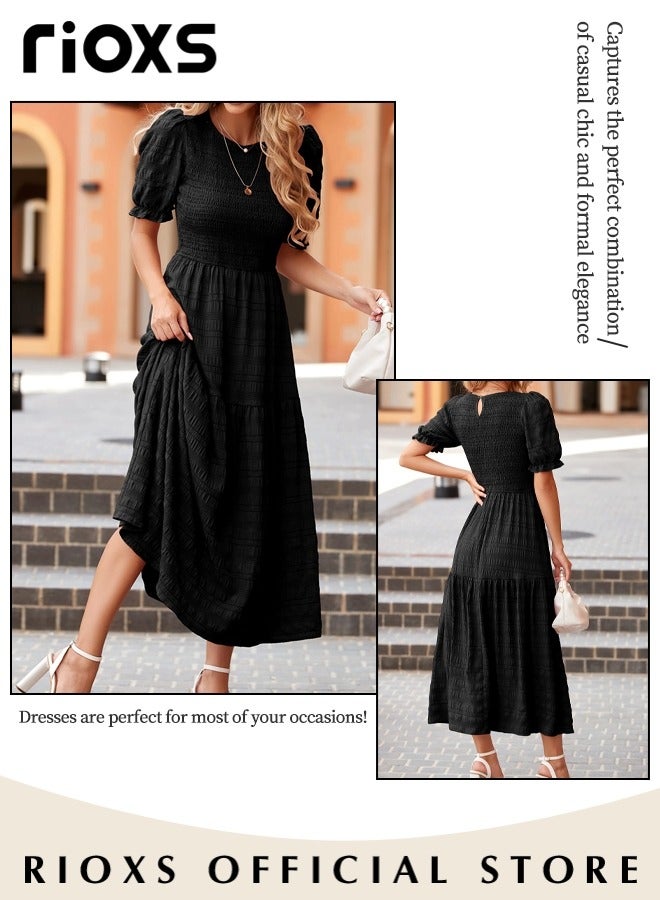 RIOXS Women Casual Maxi Dress with Puff Sleeves, Flowy Elegant Dress, Chic High Waist A-line Dress, Long Dress with Flowing Layered Design and Ruffle Detail, Comfortable to Wear All Day  - Image 5