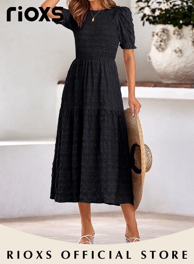 RIOXS Women Casual Maxi Dress with Puff Sleeves, Flowy Elegant Dress, Chic High Waist A-line Dress, Long Dress with Flowing Layered Design and Ruffle Detail, Comfortable to Wear All Day  - Image 2