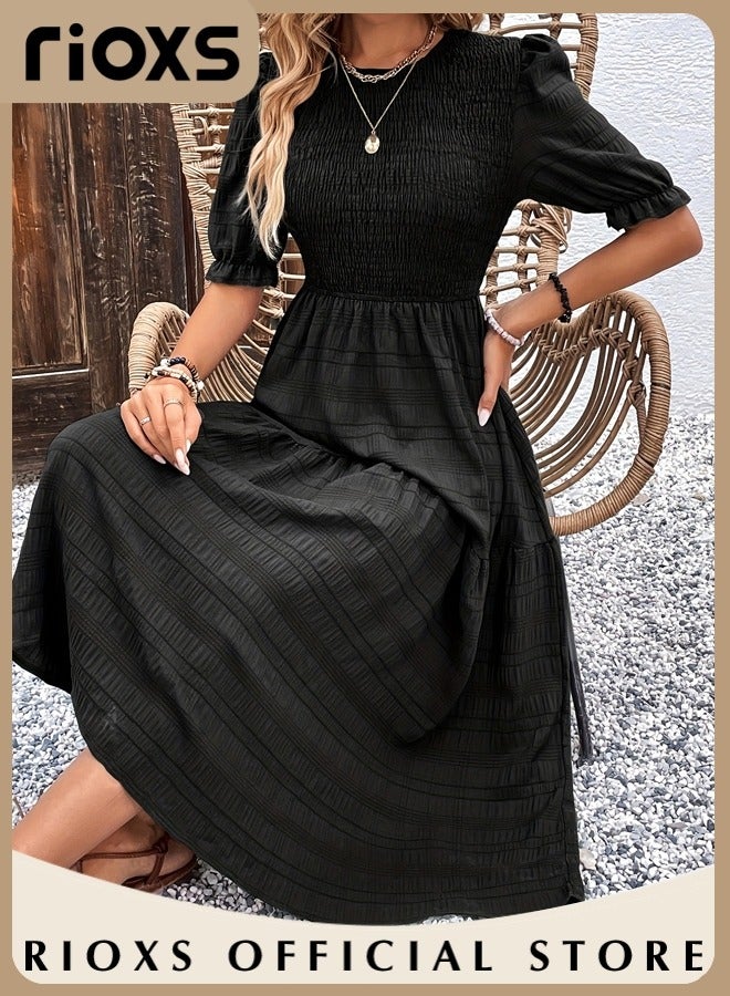 RIOXS Women Casual Maxi Dress with Puff Sleeves, Flowy Elegant Dress, Chic High Waist A-line Dress, Long Dress with Flowing Layered Design and Ruffle Detail, Comfortable to Wear All Day  - Image 3