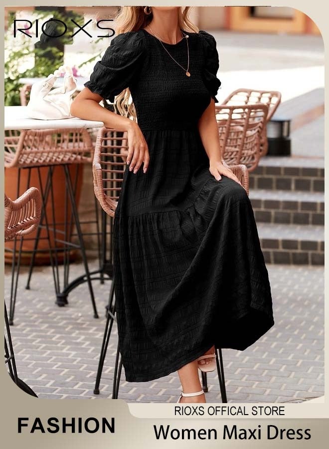 RIOXS Women Casual Maxi Dress with Puff Sleeves, Flowy Elegant Dress, Chic High Waist A-line Dress, Long Dress with Flowing Layered Design and Ruffle Detail, Comfortable to Wear All Day  - Image 1