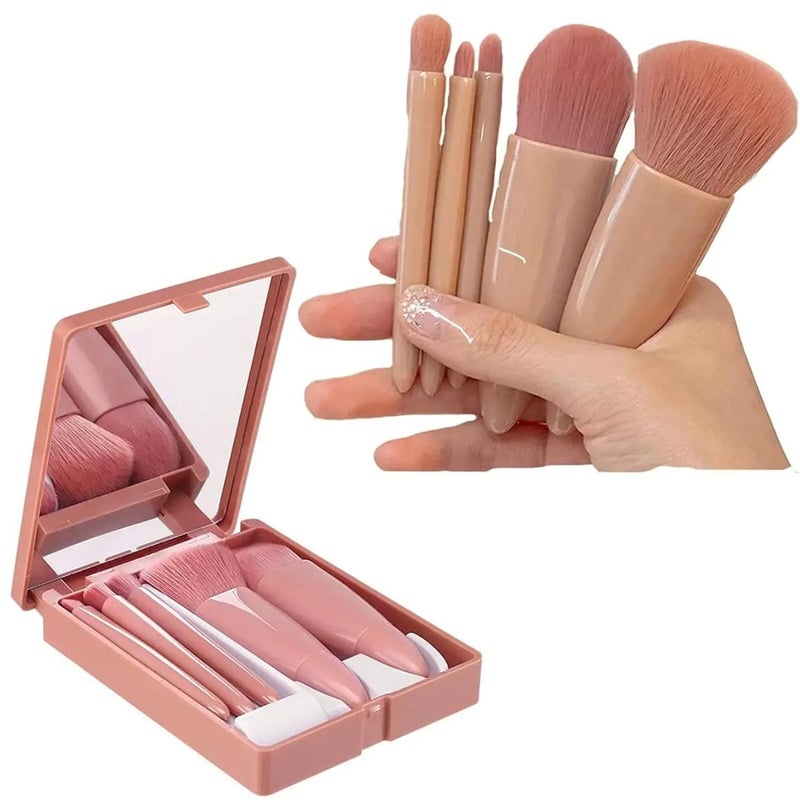Cavernshop Professional 5 in 1 Small Mini Makeup Brush Kit with Mirror for Face Eye Shadows Eyeshadow Powder Blush Cosmetic Case Set Cleanser for Women Foundation Travel Brushes for Girl Female - Image 1
