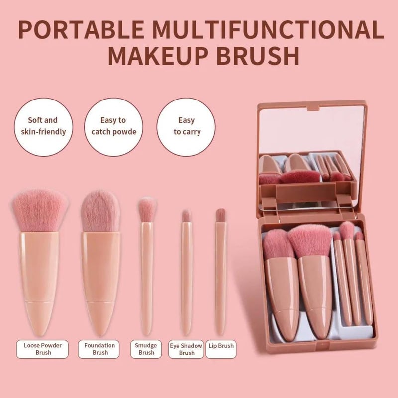 Cavernshop Professional 5 in 1 Small Mini Makeup Brush Kit with Mirror for Face Eye Shadows Eyeshadow Powder Blush Cosmetic Case Set Cleanser for Women Foundation Travel Brushes for Girl Female - Image 4