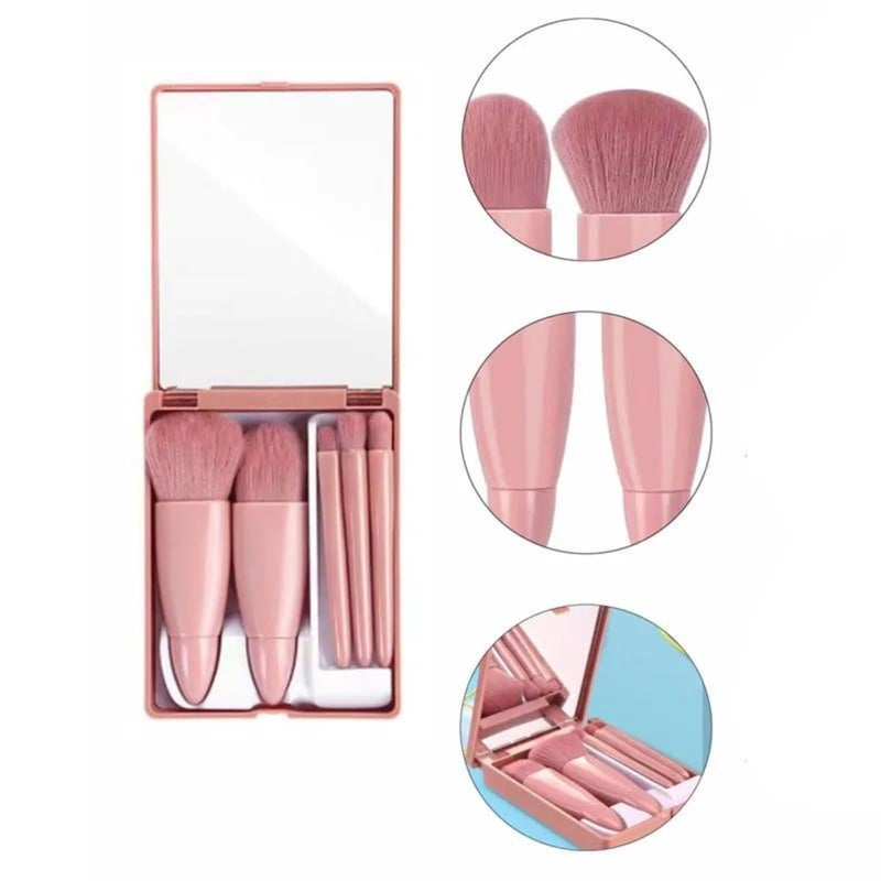 Cavernshop Professional 5 in 1 Small Mini Makeup Brush Kit with Mirror for Face Eye Shadows Eyeshadow Powder Blush Cosmetic Case Set Cleanser for Women Foundation Travel Brushes for Girl Female - Image 2