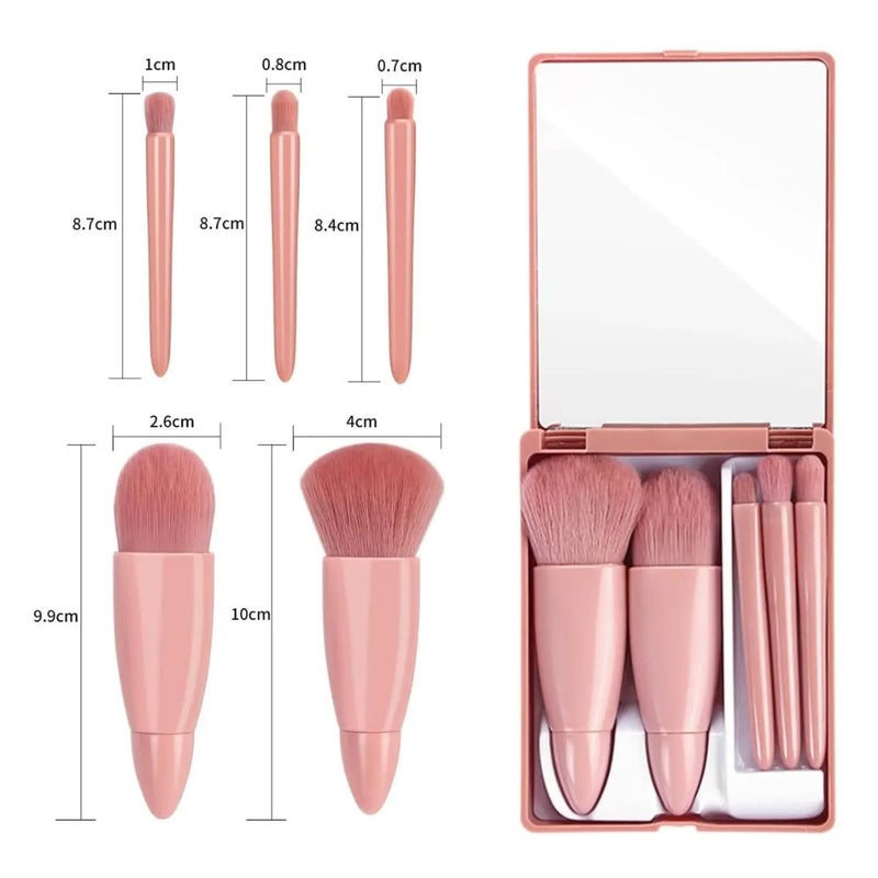 Cavernshop Professional 5 in 1 Small Mini Makeup Brush Kit with Mirror for Face Eye Shadows Eyeshadow Powder Blush Cosmetic Case Set Cleanser for Women Foundation Travel Brushes for Girl Female - Image 5