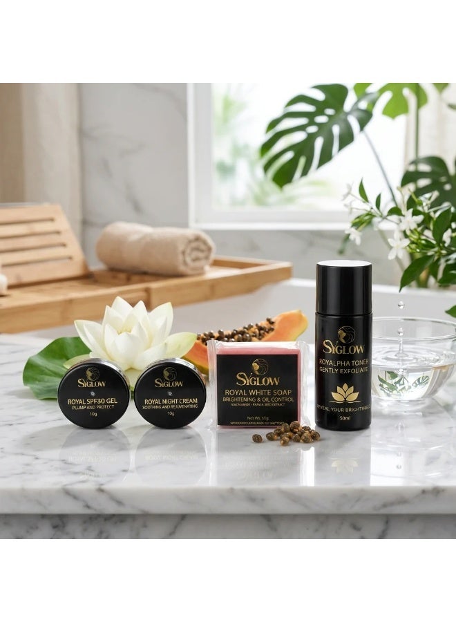 SY GLOW Sy-Glow Royal White Set – Complete Daily Care Kit for Luminous Beauty Elevate your self-care routine with this multifunctional skincare set designed to cleanse, exfoliate, hydrate, protect, and revitalize the skin for a confident and naturally glowing look every day. - Image 1