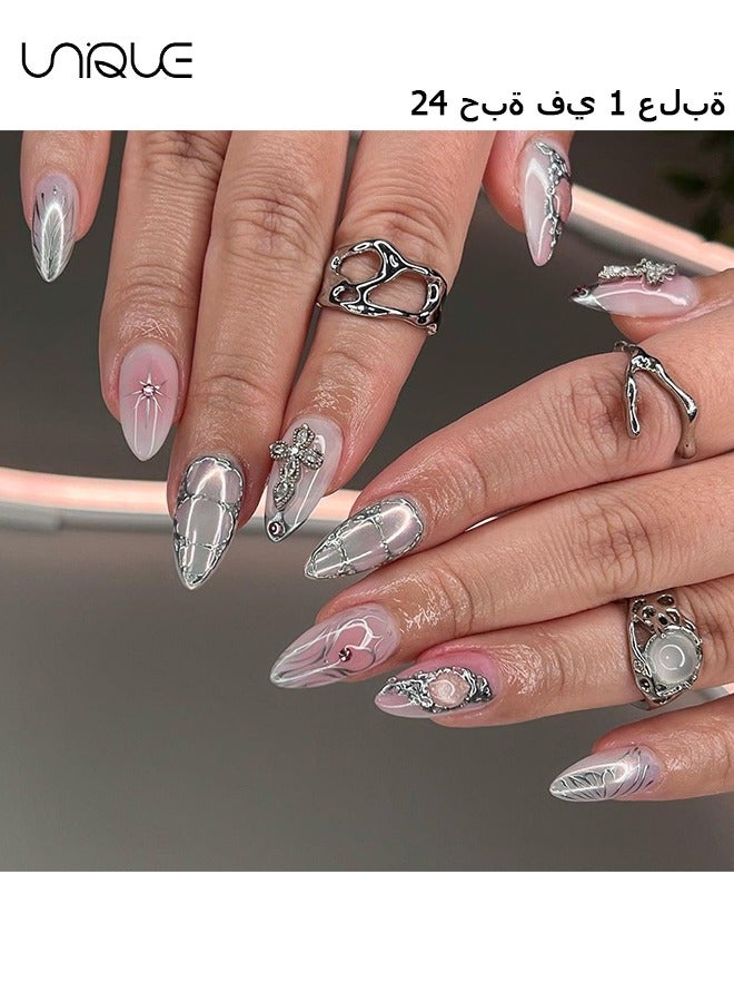 يونيك 24 قطعة أظافر مزيفة ، أظافر مكبس ، مانيكير لوز طويل - متدرج وردي ستارلايت فن أظافر القلب - مانيكير ثلاثي الأبعاد - رقعة أظافر مزيفة - Image 1