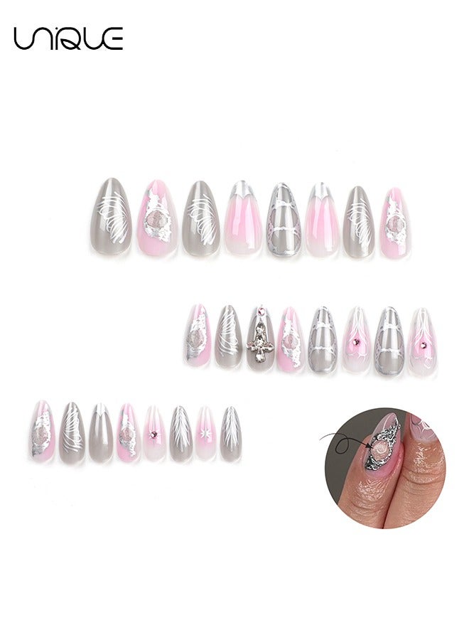 يونيك 24 قطعة أظافر مزيفة ، أظافر مكبس ، مانيكير لوز طويل - متدرج وردي ستارلايت فن أظافر القلب - مانيكير ثلاثي الأبعاد - رقعة أظافر مزيفة - Image 2