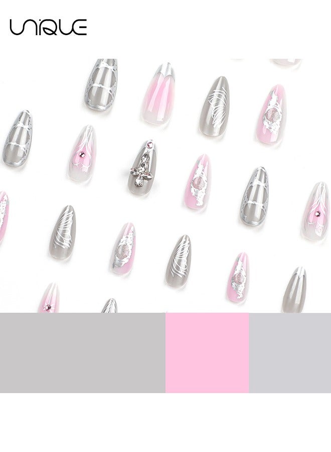 يونيك 24 قطعة أظافر مزيفة ، أظافر مكبس ، مانيكير لوز طويل - متدرج وردي ستارلايت فن أظافر القلب - مانيكير ثلاثي الأبعاد - رقعة أظافر مزيفة - Image 3