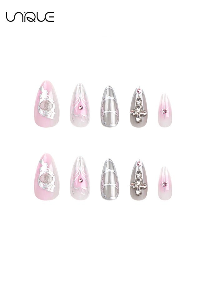 يونيك 24 قطعة أظافر مزيفة ، أظافر مكبس ، مانيكير لوز طويل - متدرج وردي ستارلايت فن أظافر القلب - مانيكير ثلاثي الأبعاد - رقعة أظافر مزيفة - Image 5