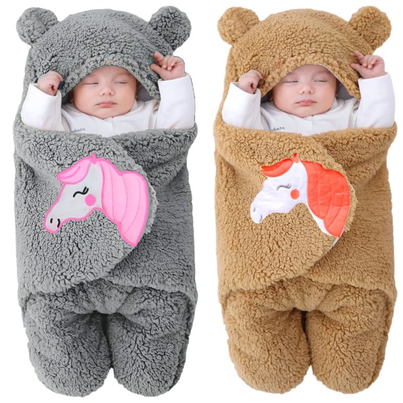 Brandonn BRANDONN Baby Blankets New Born Combo Pack of Wearable Hooded Swaddle Wrapper Sleeping Bag for Baby Boys and Baby Girls Pack of 2 (0-6 Months, Beige & Grey)  - Image 1
