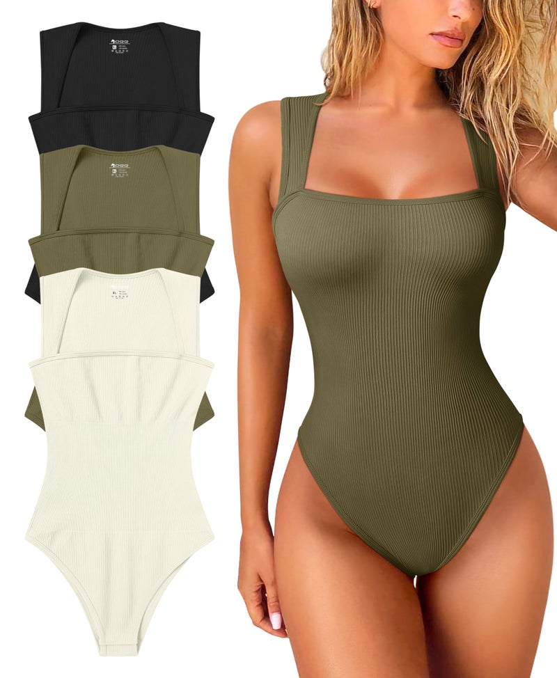 OQQ Women's 3 Piece Bodysuits Sexy Ribbed Strappy Square Neck Sleeveless Tummy Control Tank Tops Bodysuits Black Sauerkraut Beige - Image 1