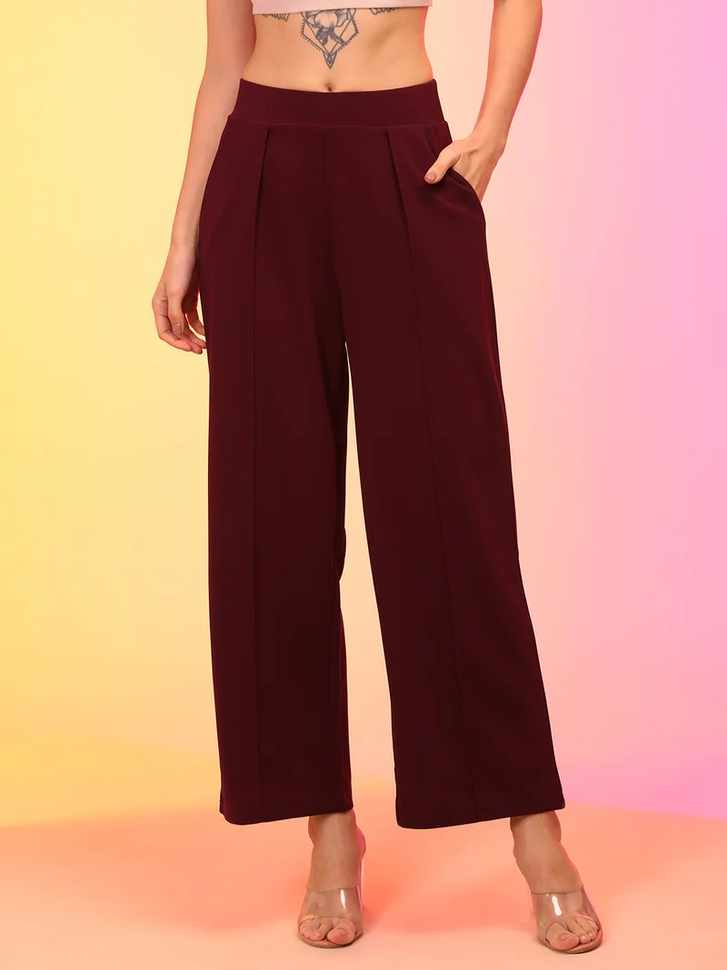 globus Women Straight Fit High-Rise Pleated Parallel Trousers