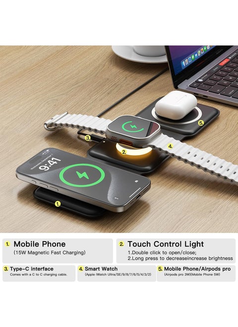 Foldable Wireless Charger for iPhone 15/14/13/12/11 Series, Magnetic Wireless Charging Station, Travel Wireless Fast Charging Pad for Airpods 3/2/Pro, iWatch (3 in 1, Black)