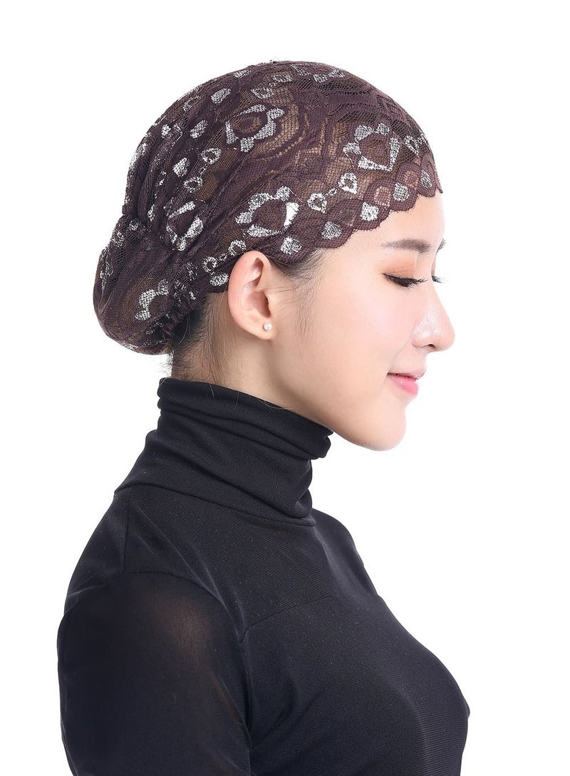 Loquat Women's Solid Color Shiny Lace Hijab Inner Cap Brown  - Image 1