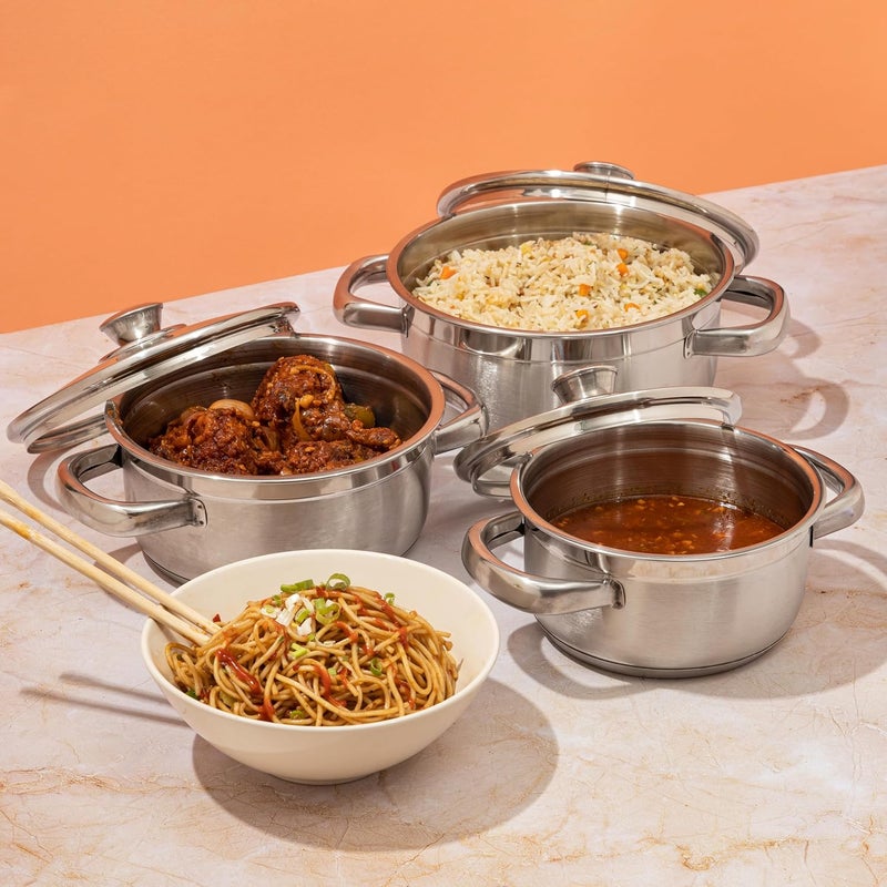 VINOD Vinod Bremen Stainless Steel Saucepot Set of 3 with Glass Lid 25mm Thick Base Riveted Sturdy Handle 2 Year Warranty Induction and Gas Base Silver - Image 2