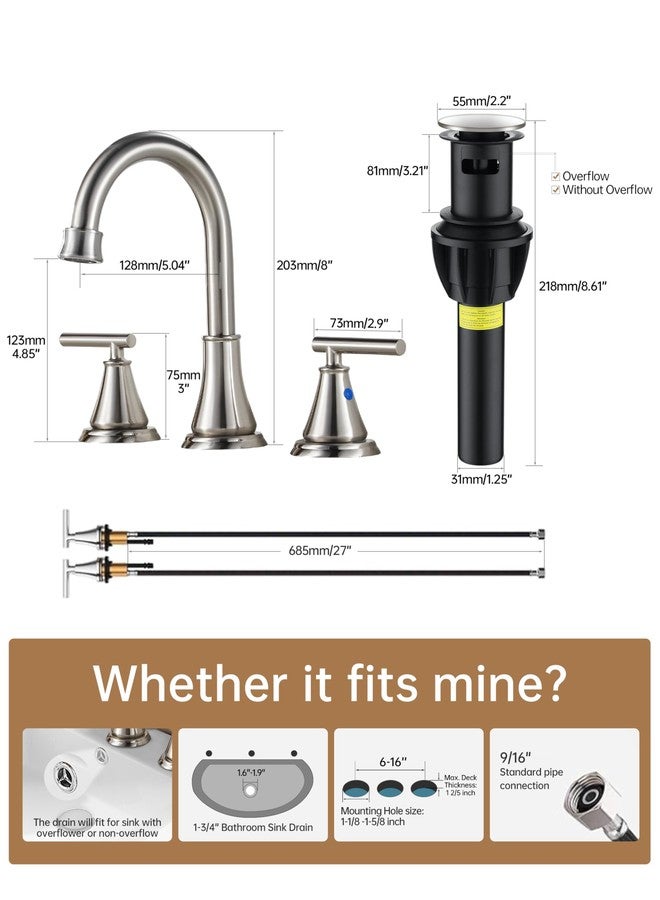 Fransiton 8 Inch Widespread Bathroom Sink Faucet 3 Hole 2-Pack, Brushed Nickel with Metal Pop-Up Drain Assembly,2 Handle for Sink Vanity - Image 3