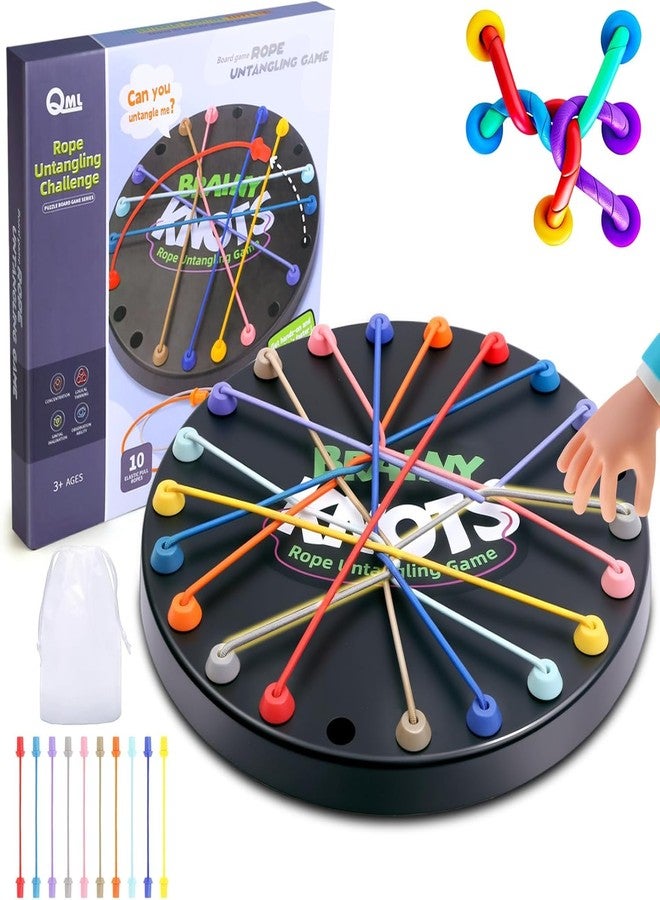 LUXART Brainy Knots Rope Untangling Challenge | Premium Logic Board Game for Kids & Adults | 22 x 22 cm Puzzle Game with 3 Difficulty Levels | Includes 10 Elastic Ropes & Storage Bag - Image 1