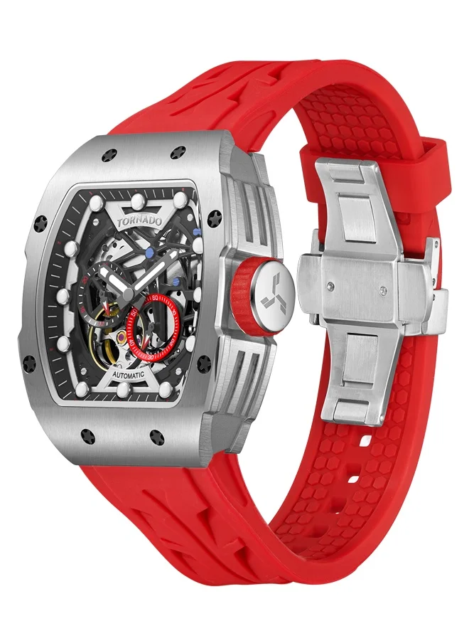 تورنيدو Men's Automatic Display Watch With Red Silicone Strap - T24302-SSRB