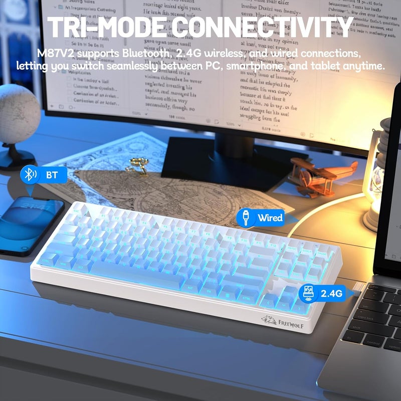 فري وولف لوحة مفاتيح لعب إلكترونية من FREEWOLF M87V2، وايفاي، بثلاثة أوضاع: BT/2.4G/سلكي، هادئة وناعمة في الاستخدام، ببطارية سعة 4000 مللي أمبير ساعة، أزرار مطبوعة على الجانب، تصميم QWERTY الأمريكي، مزودة بتقنية مكافحة ظاهرة “الأزرار الغير ملموسة” (Anti-Ghosting)، وتدعم 16 مليون لون RGB، مناسبة لأنظمة Mac وWin (لون أزرق). - Image 3